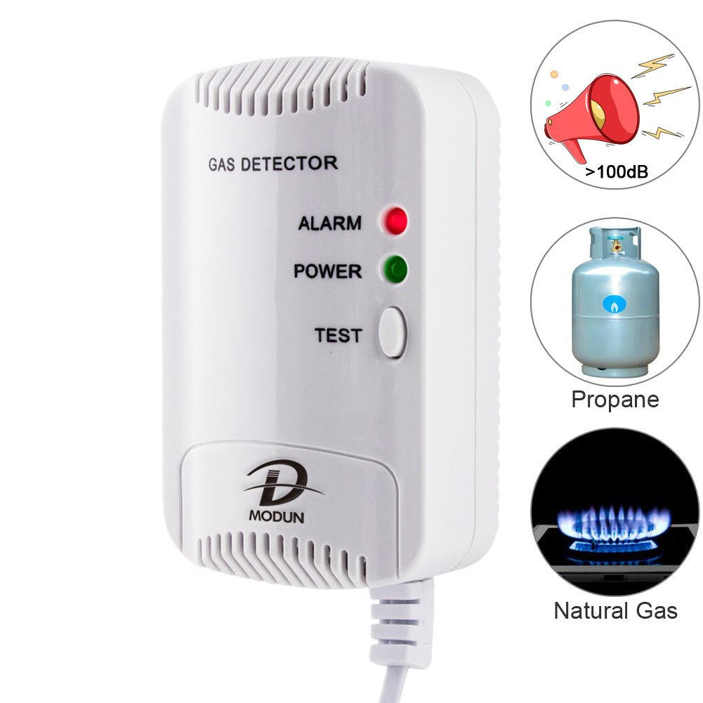 D MODUN Gas Alarm Detector – Natural Gas, LPG & Coal Gas | 100dB Strobe Light | Wall-Mount | Plug-in