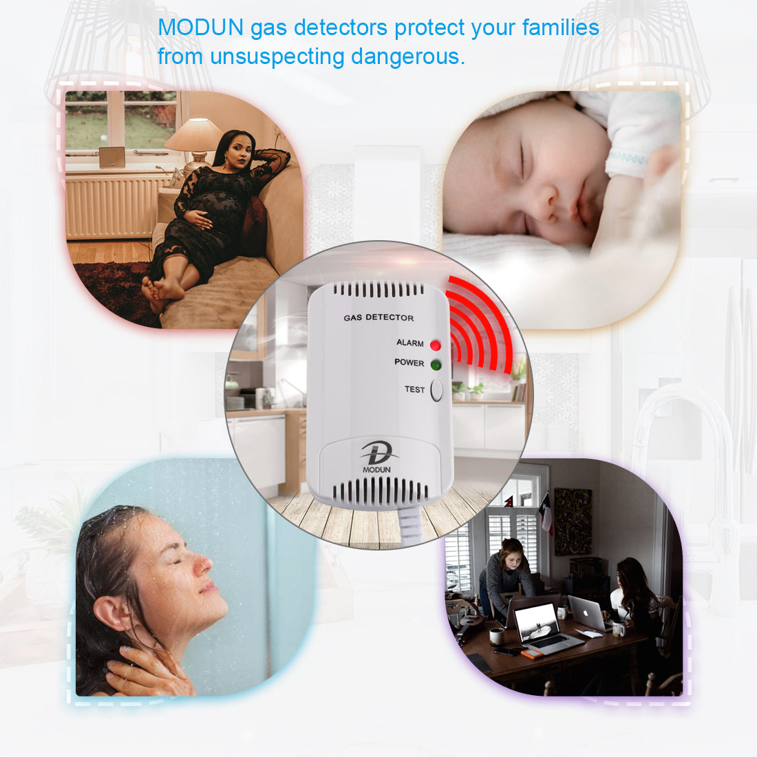 D MODUN Gas Alarm Detector – Natural Gas, LPG & Coal Gas | 100dB Strobe Light | Wall-Mount | Plug-in